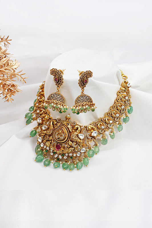 Gold Finish Peacock Temple Necklace Set