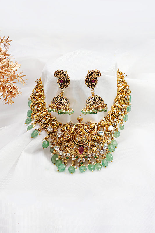 Gold Finish Peacock Temple Necklace Set