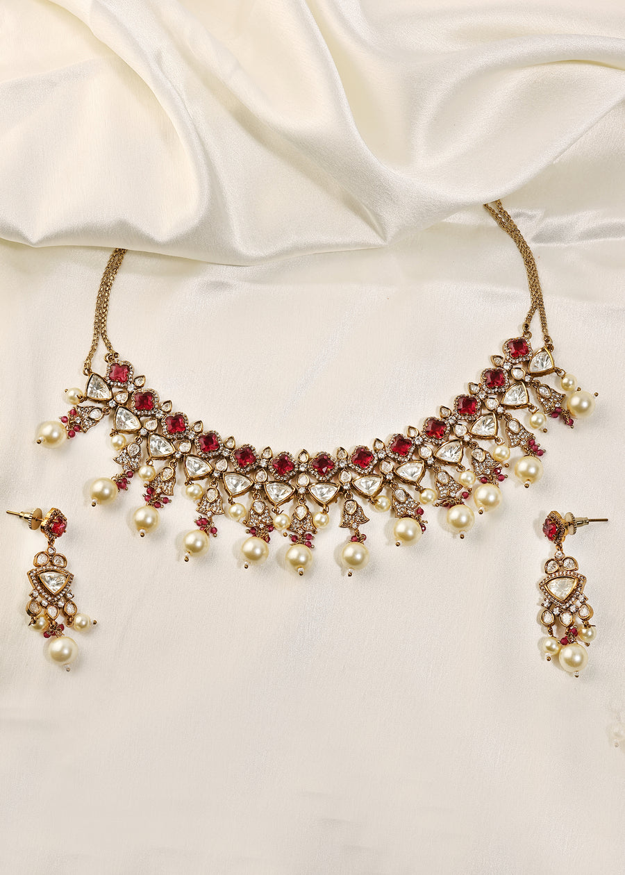 Ruby Polki & Pearl Necklace Set