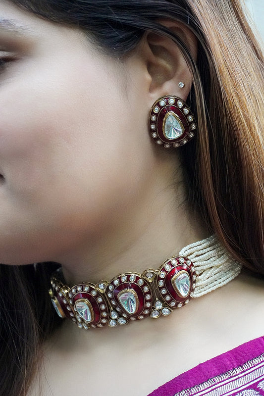 Rajwada Red Enamel Polki & Pearl Necklace Set