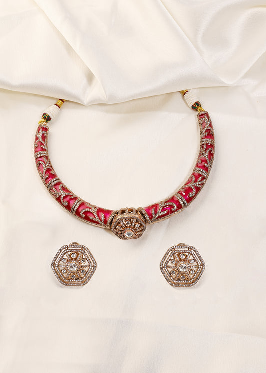 Pink Meenakari Polki & Zircon Heritage Necklace Set