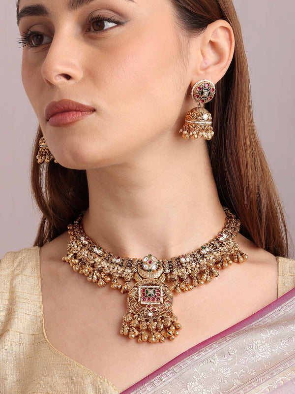 Kalash Ruby Green Motif Necklace Set