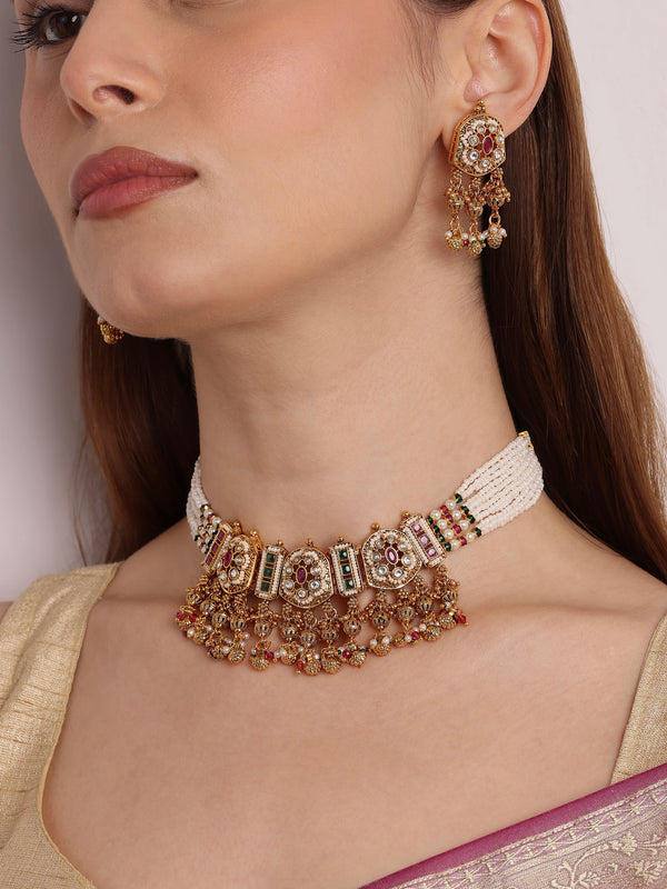 Rajputana Ruby Emerald Pearl Necklace Set