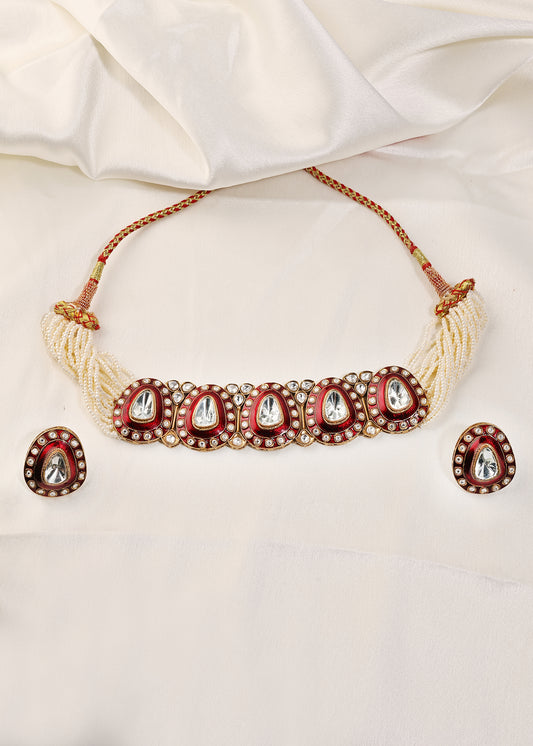 Rajwada Red Enamel Polki & Pearl Necklace Set
