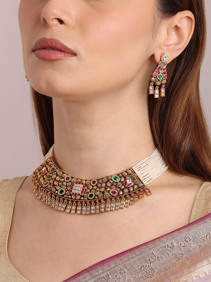 Raj Malika Ruby Emerald Floral Necklace Set