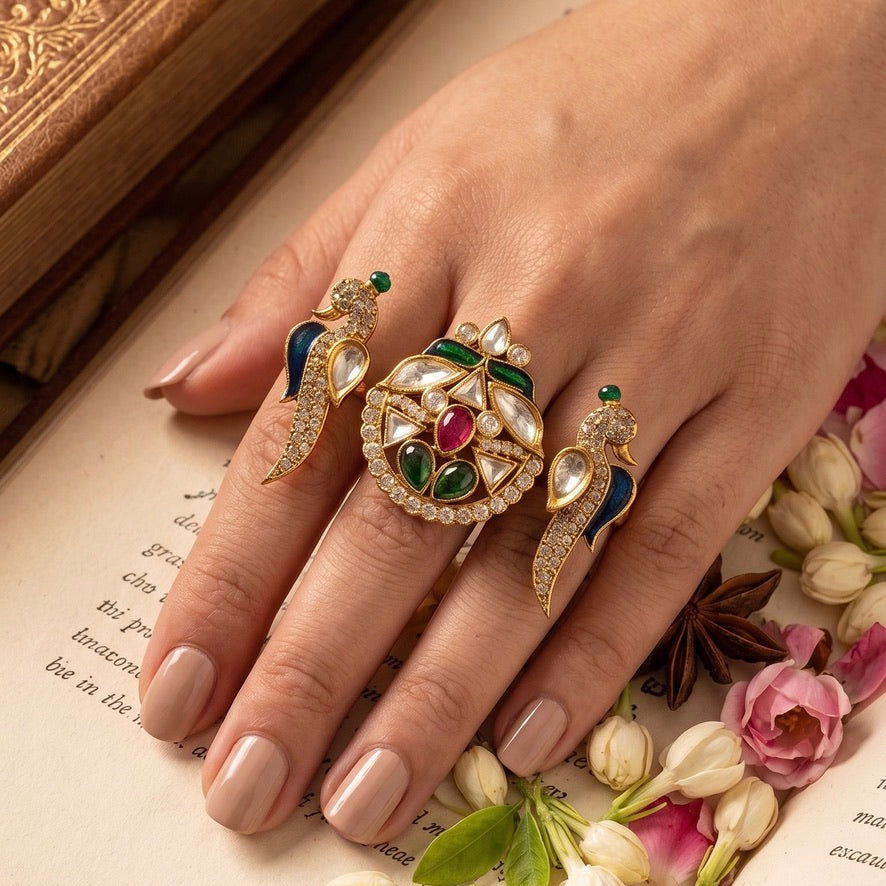 Mayuri Emerald Peacock Meenakari Dual Finger Ring