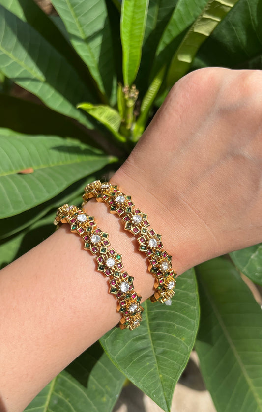 Gold Floral Multi Stone Bangles