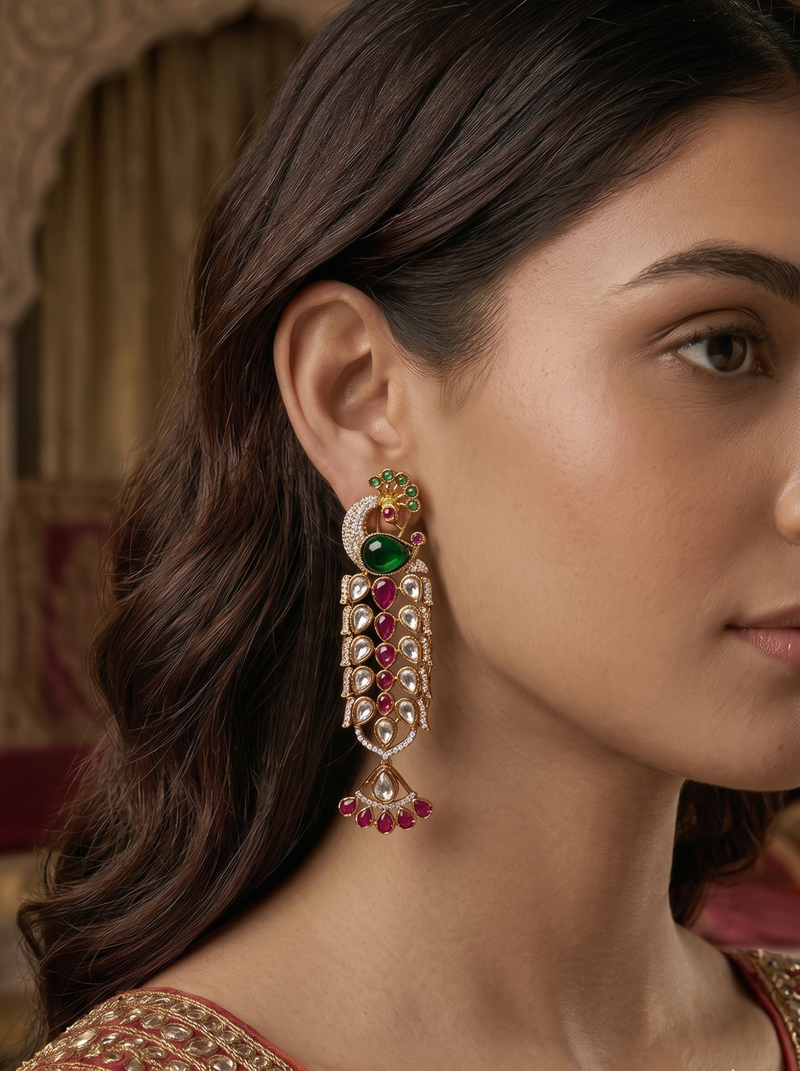 Peacock Motif Polki Statement Earrings