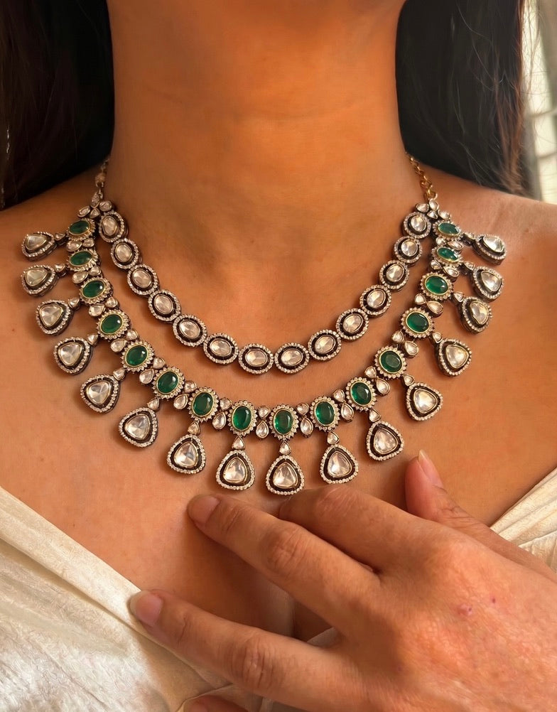 Green Stone Polki Zircon Necklace Set
