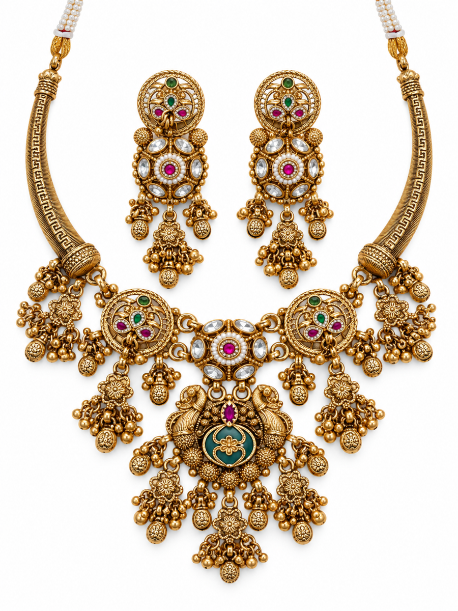 Pakshi Ruby Green Hasli Necklace Set
