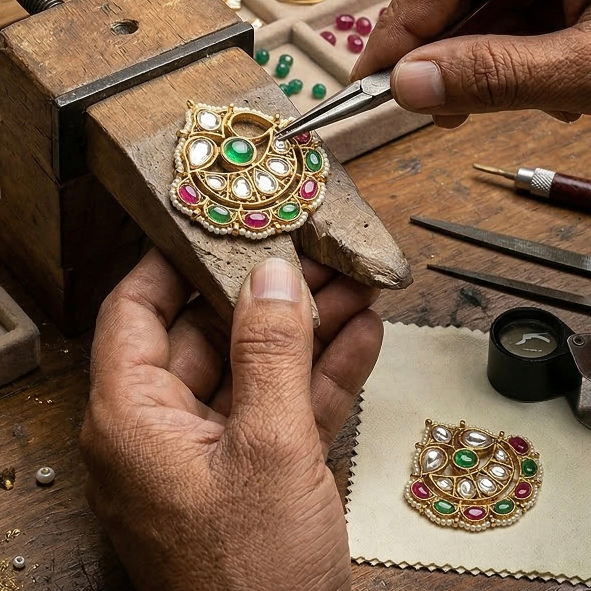 Gold jewelry with gemstones being worked on by a craftsman using tools on a wooden workbench.