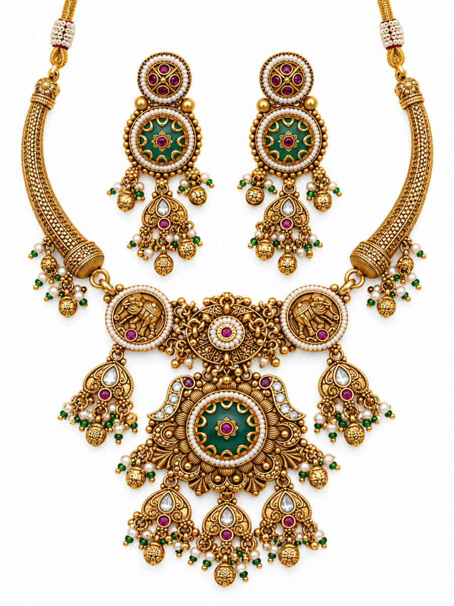 Gajraj Ruby Green Elephant Hasli Set