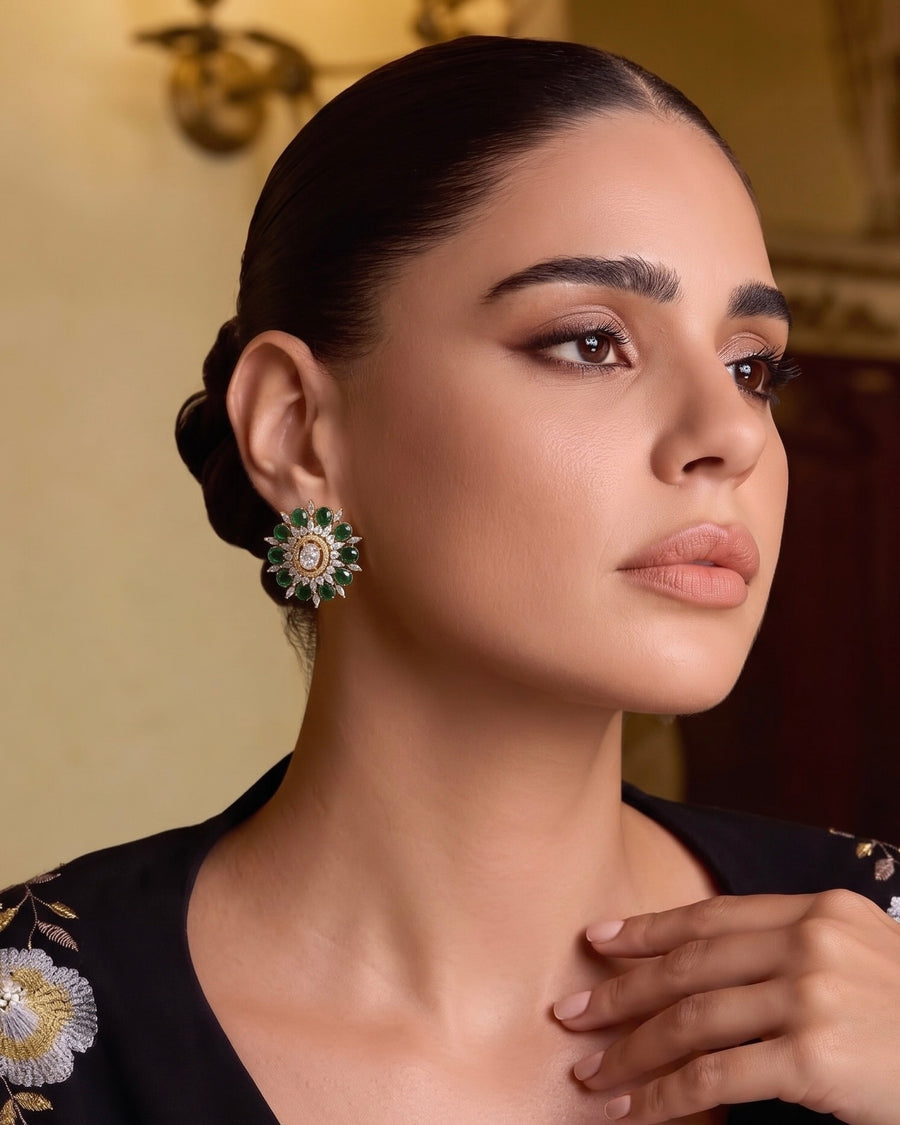 Aster Green Floral Zircon Earrings