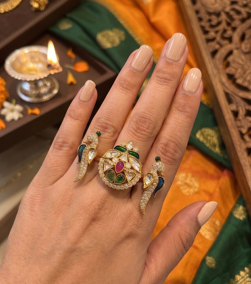 Mayuri Emerald Peacock Meenakari Dual Finger Ring