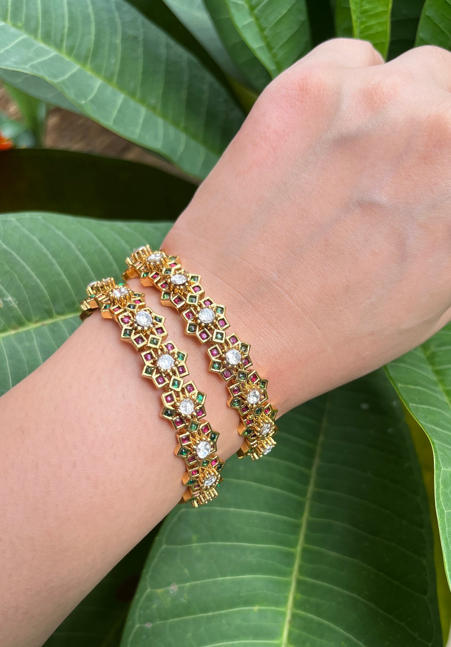 Gold Floral Multi Stone Bangles