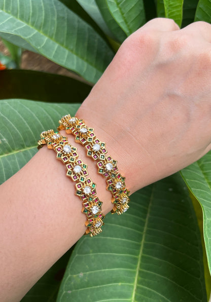 Gold Floral Multi Stone Bangles