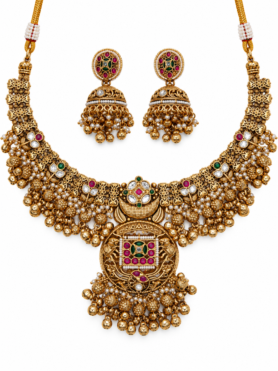 Kalash Ruby Green Motif Necklace Set