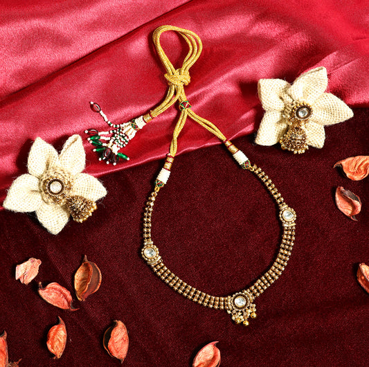 Antique Gold White Stone Choker Necklace with Jhumka Earrings