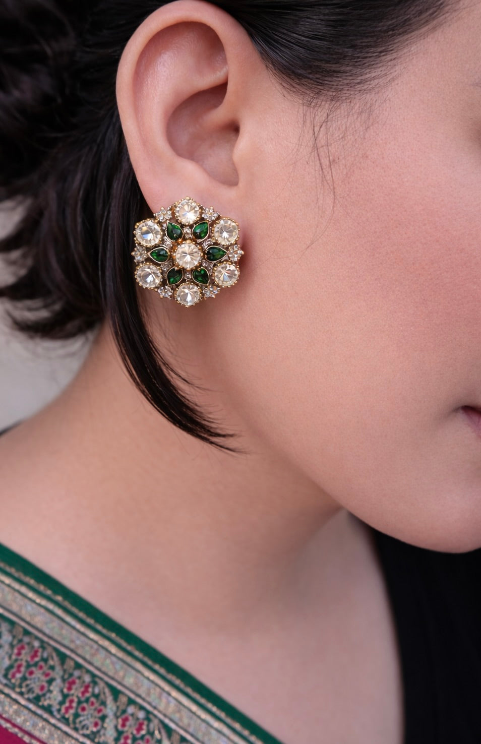 Emerald Bloom Polki Studs