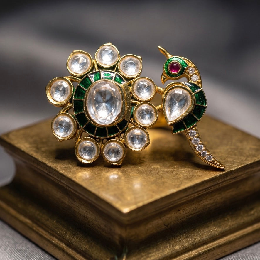 Gulmor Floral Meenakari Peacock Cocktail Ring