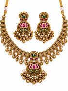 Kamal Rani Ruby Green Lotus Necklace Set