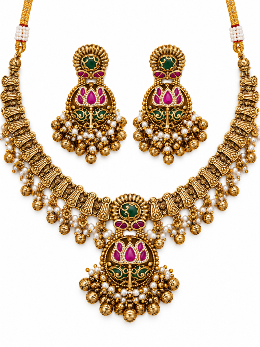 Kamal Rani Ruby Green Lotus Necklace Set