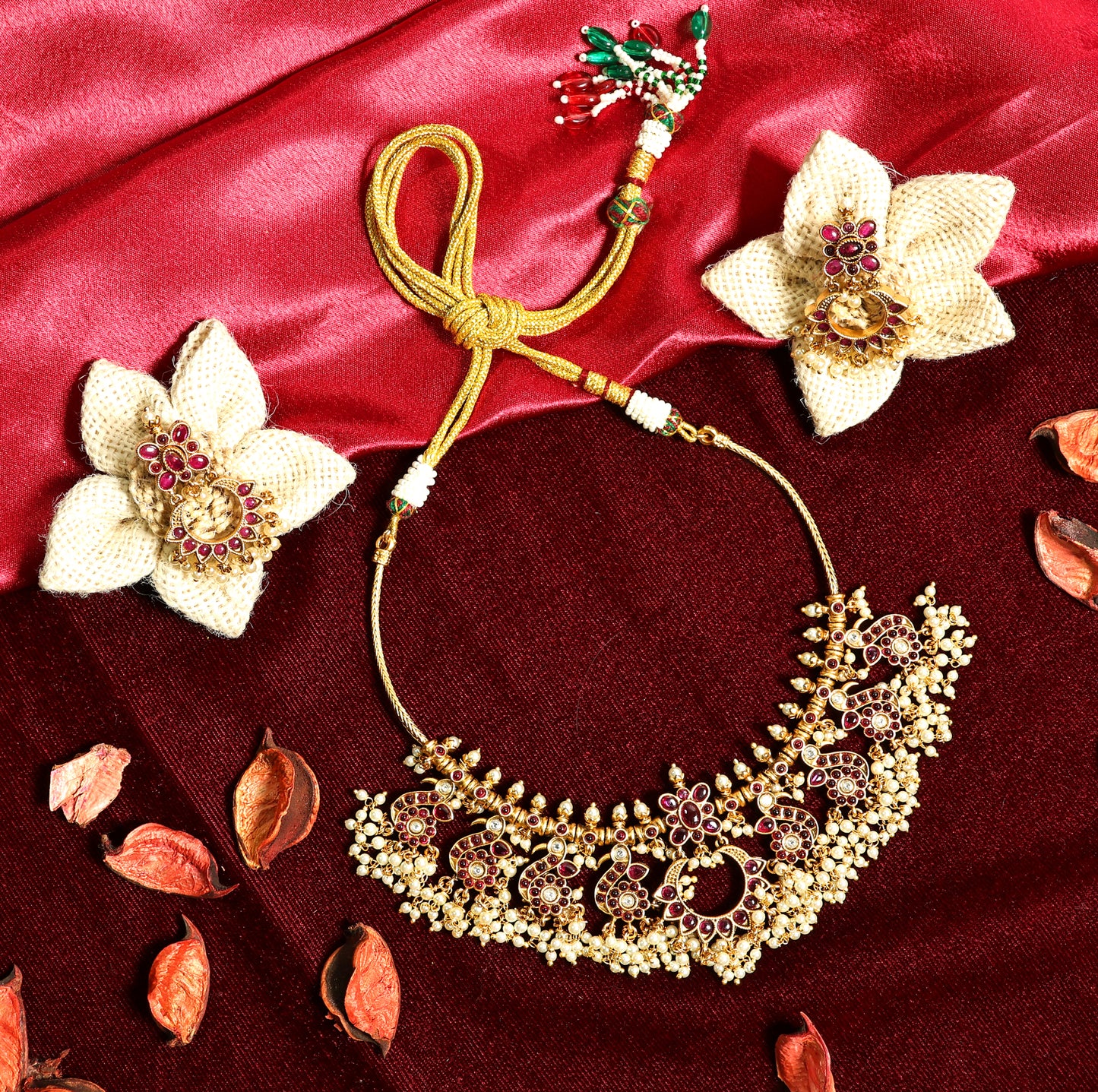 Antique Gold Red Stone Choker Necklace and Earrings Set