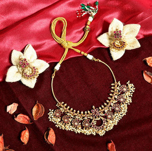 Antique Gold Red Stone Choker Necklace and Earrings Set