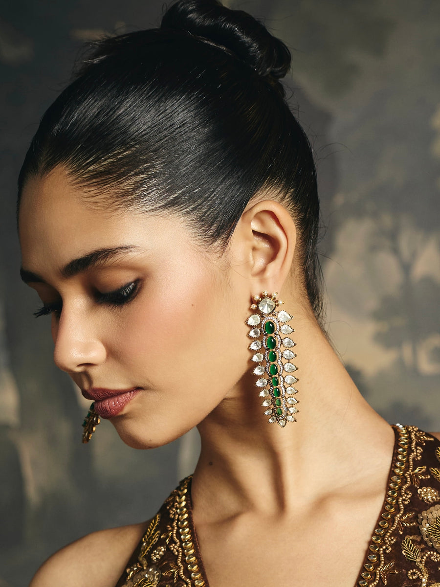 Green Polki Earrings with Miligrain Accent