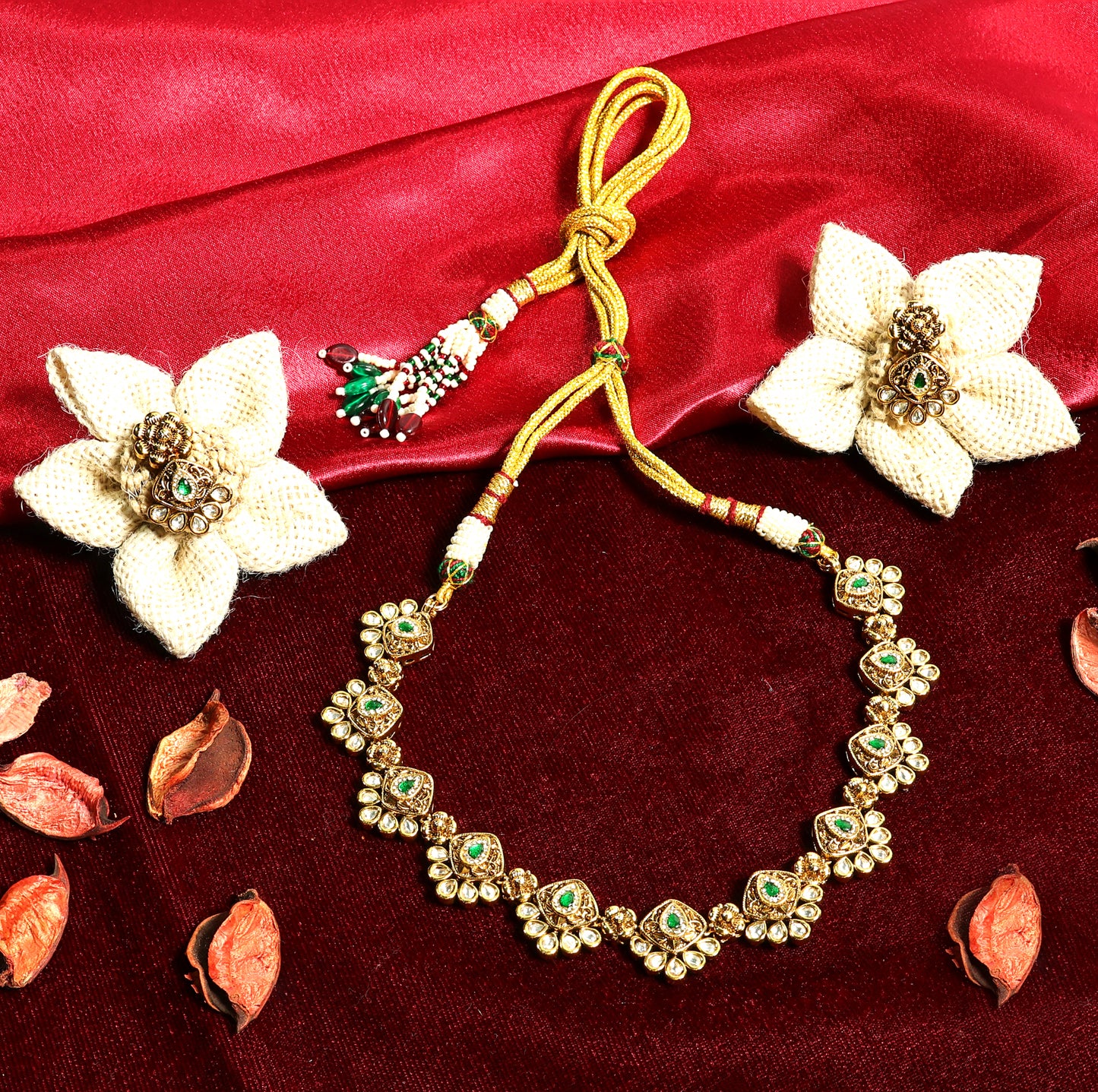 Gold Finish Floral Motif Necklace Set