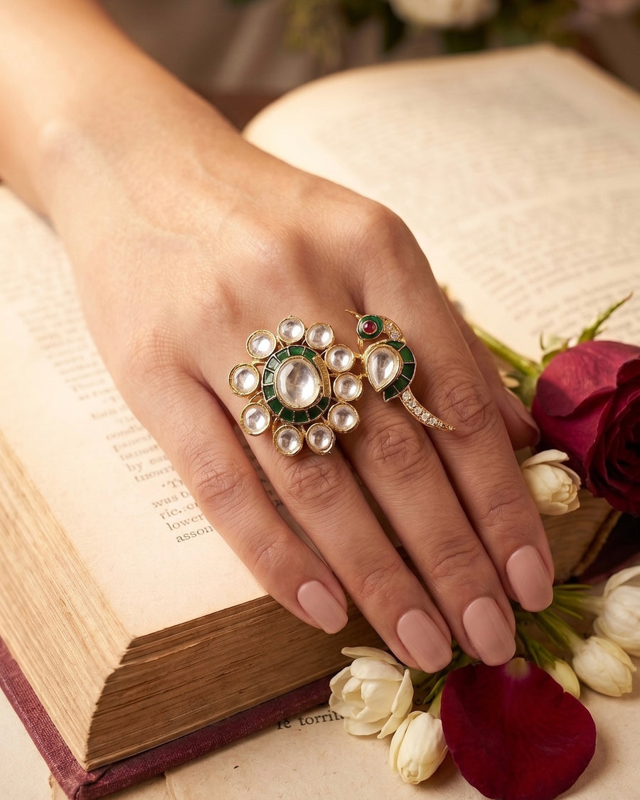 Gulmor Floral Meenakari Peacock Cocktail Ring