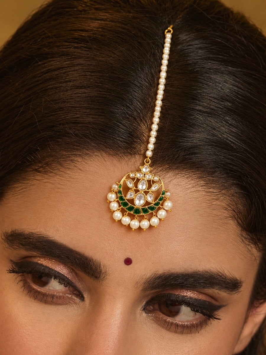 Rana Emerald Polki Pearl Floral Maang Tikka