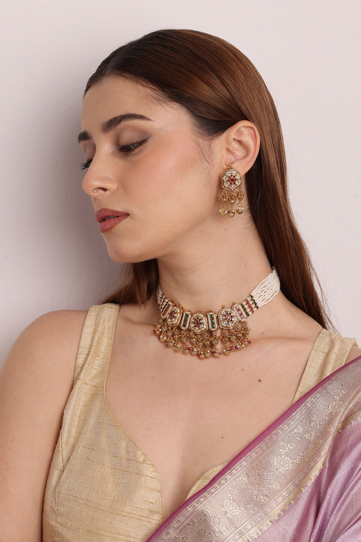 Rajputana Ruby Emerald Pearl Necklace Set