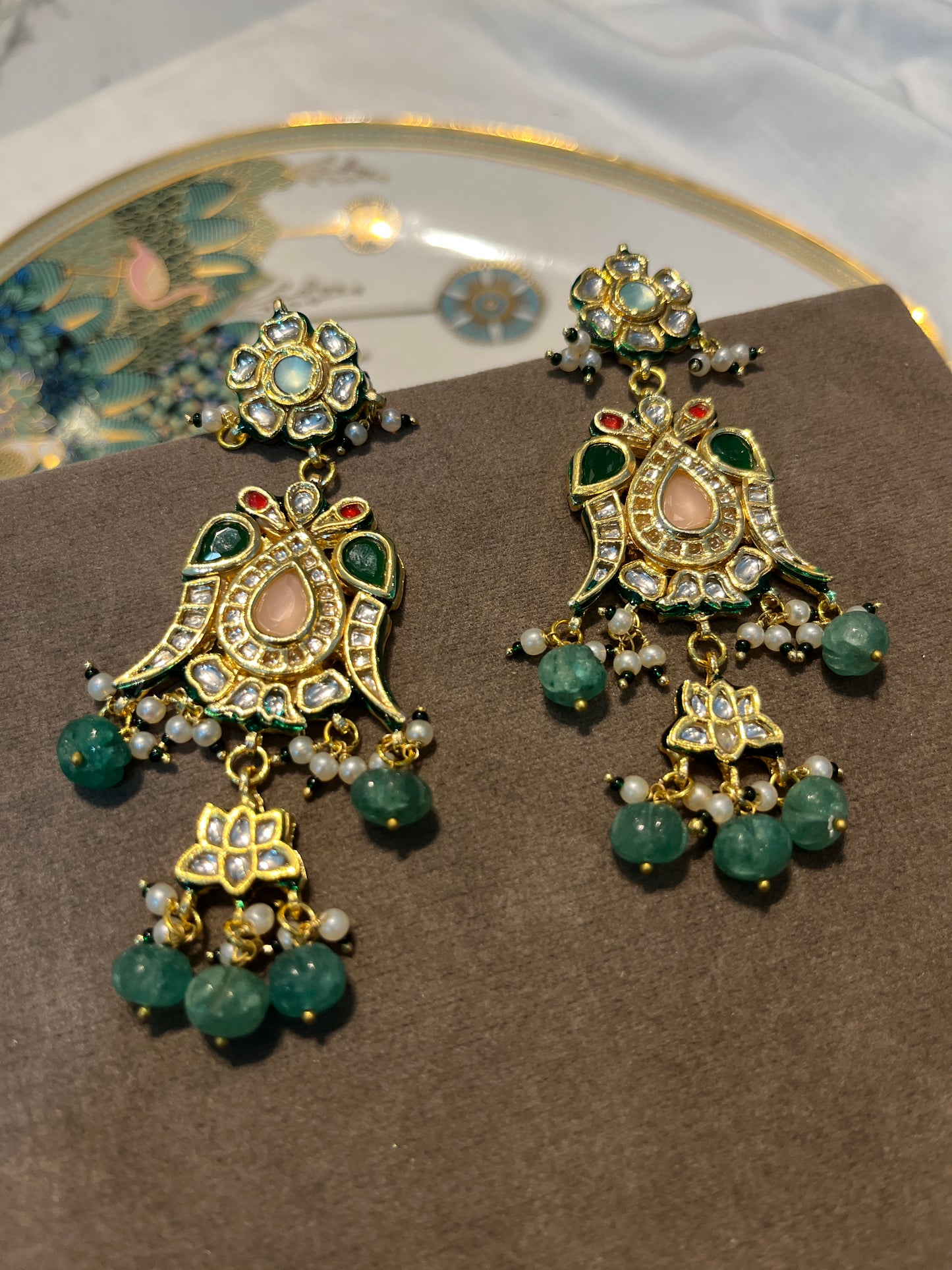 Kundan Meenakari Bird Motif Drop Earrings