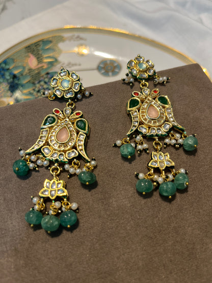Kundan Meenakari Bird Motif Drop Earrings