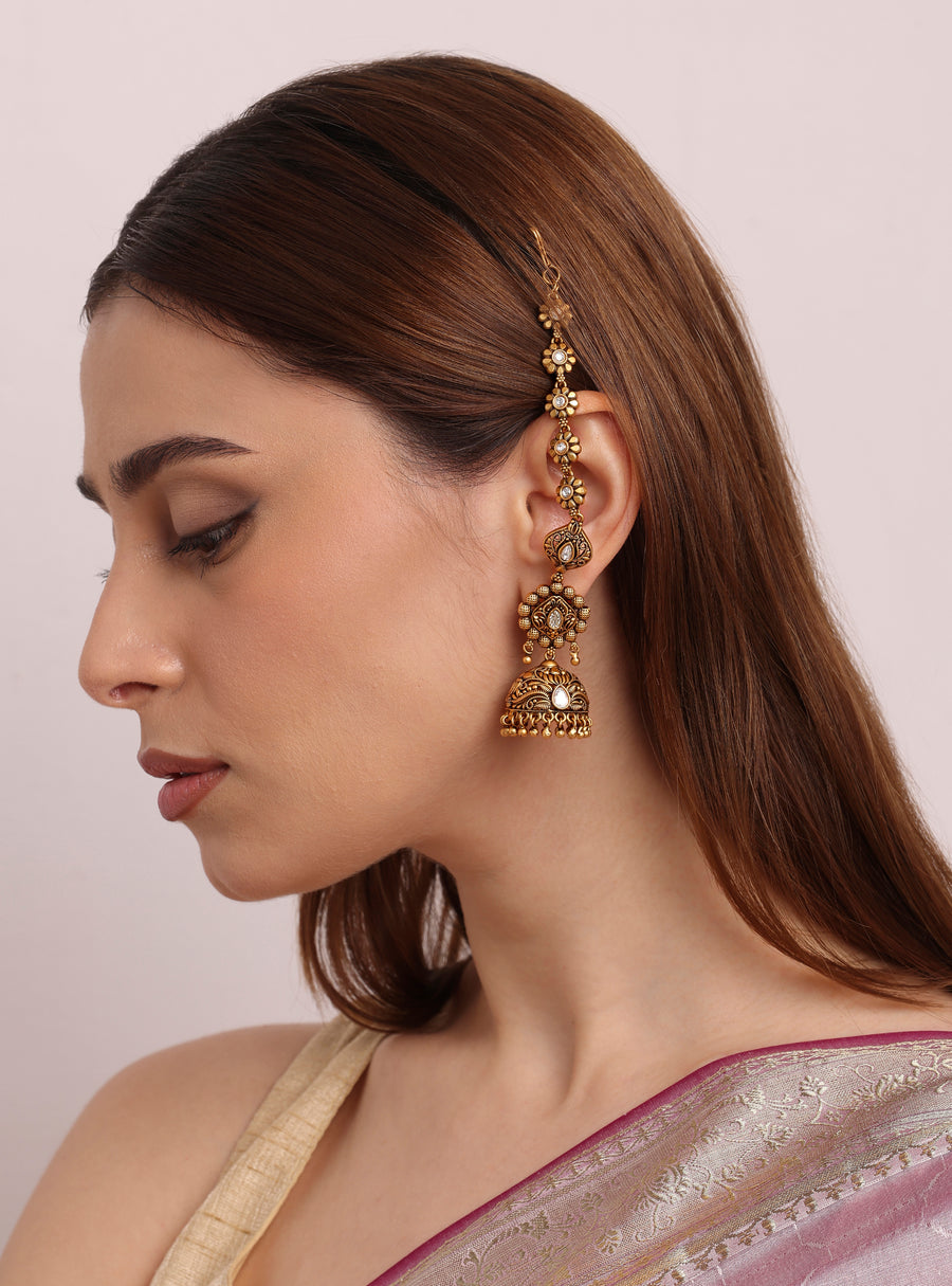 Adaa Antique Gold Hair Chain Jhumka Earring