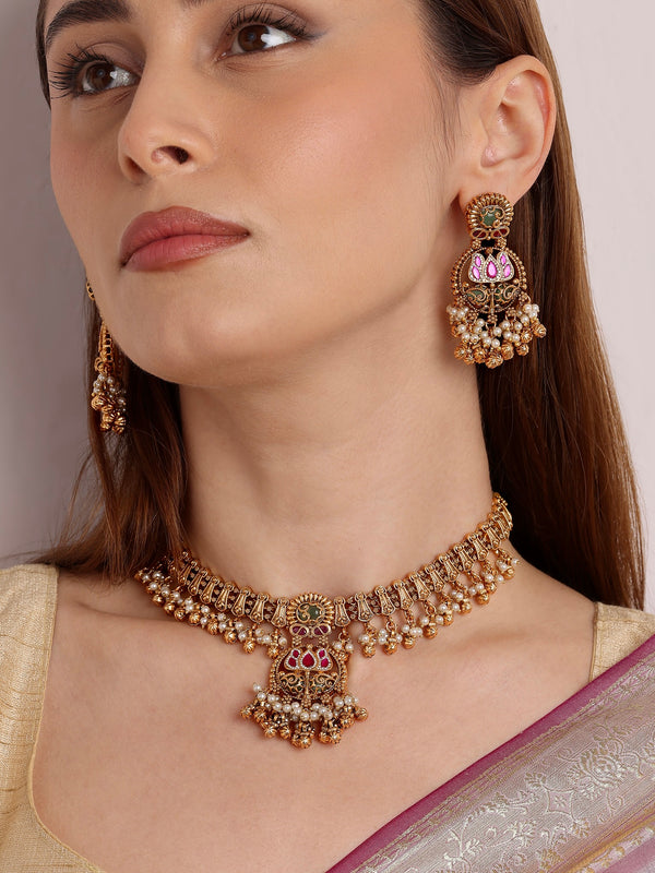 Kamal Rani Ruby Green Lotus Necklace Set