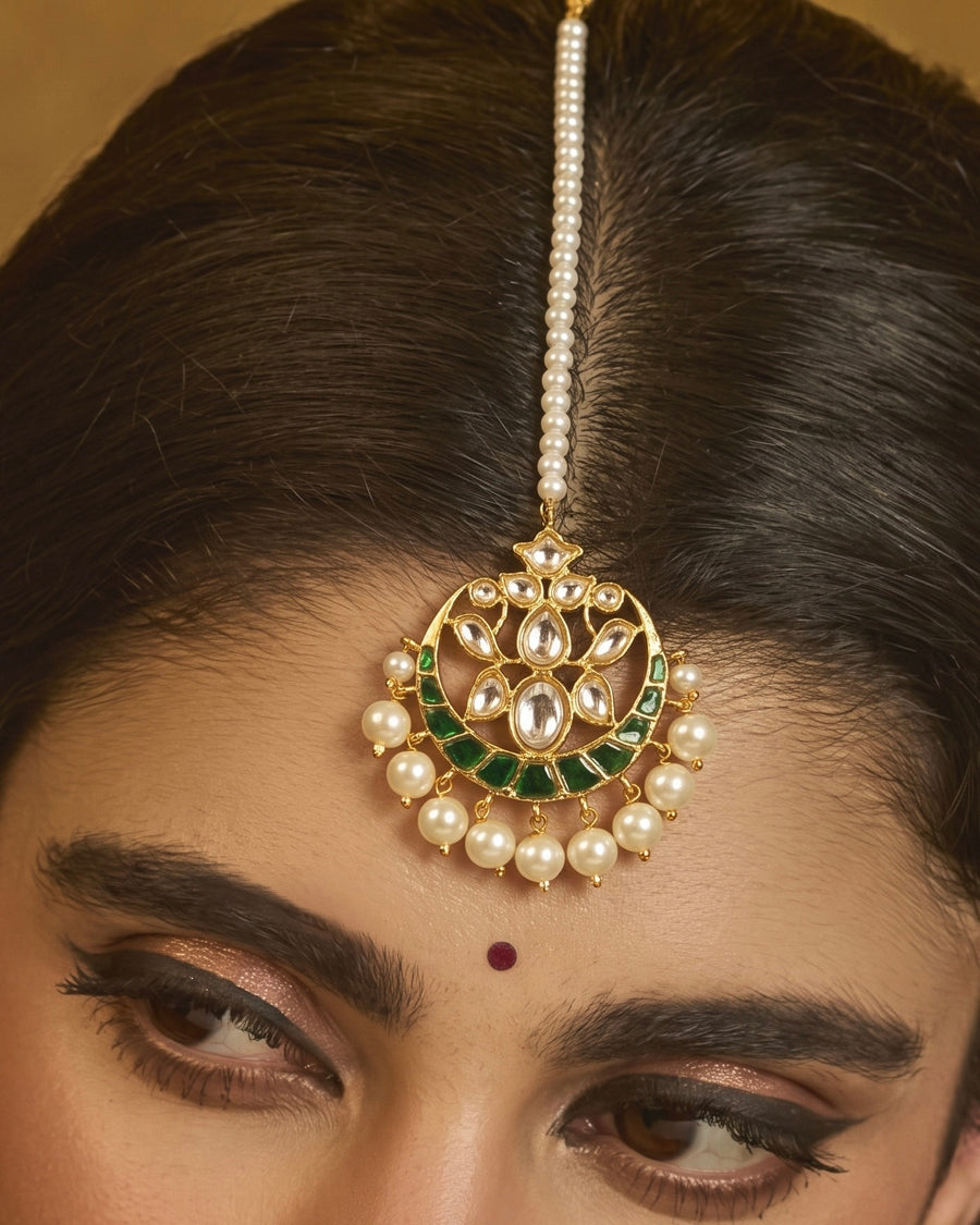 Rana Emerald Polki Pearl Floral Maang Tikka