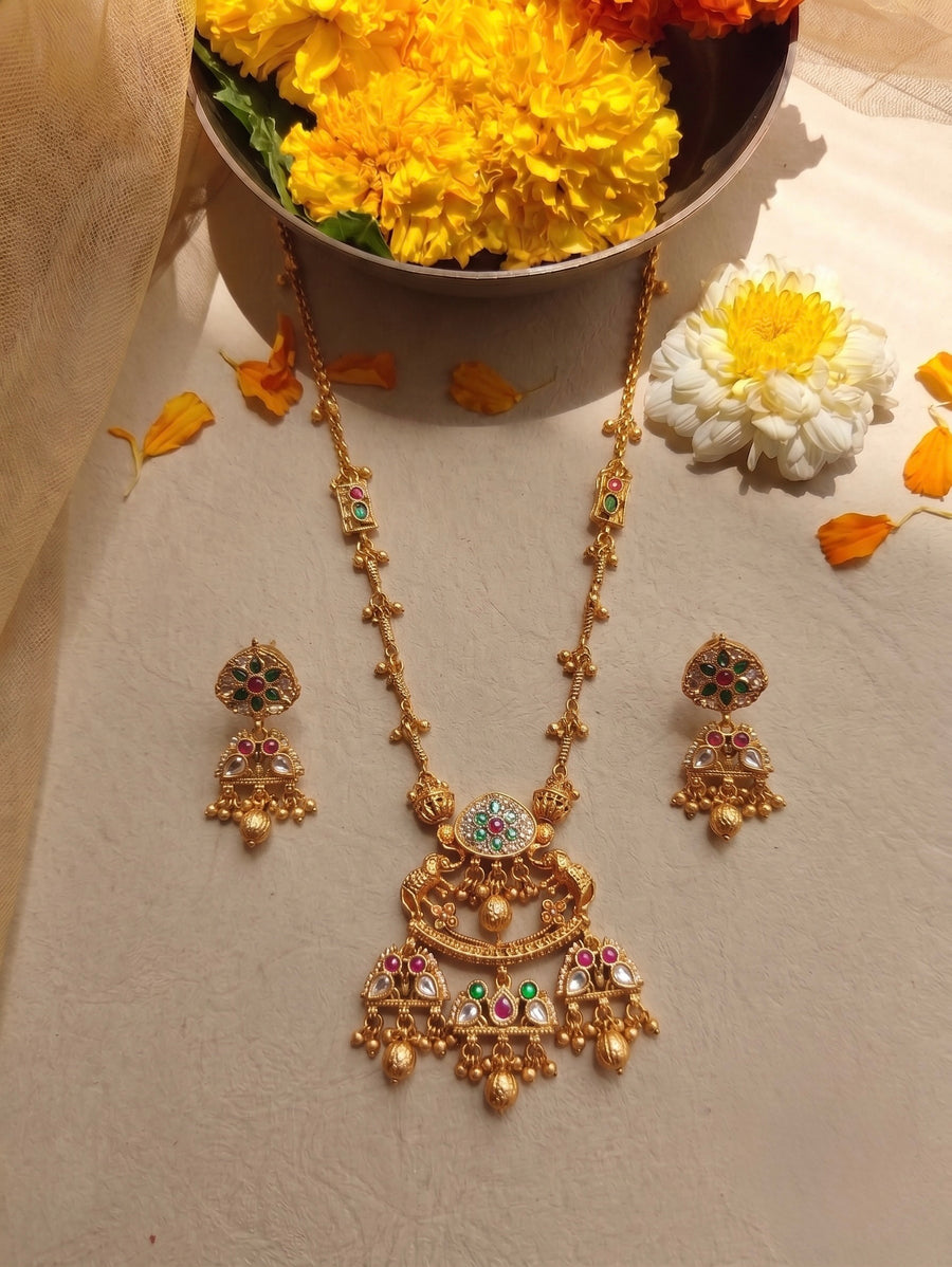 Sunehri Long Temple Necklace Set