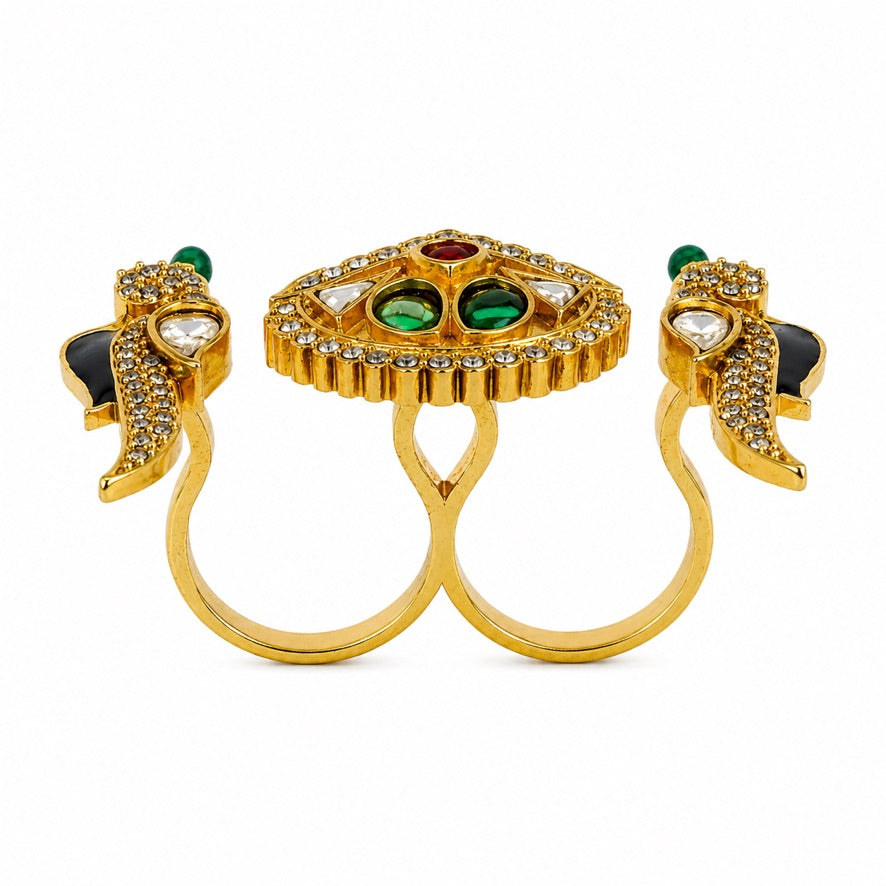 Mayuri Emerald Peacock Meenakari Dual Finger Ring