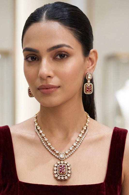 Red Polki Floral Necklace Set