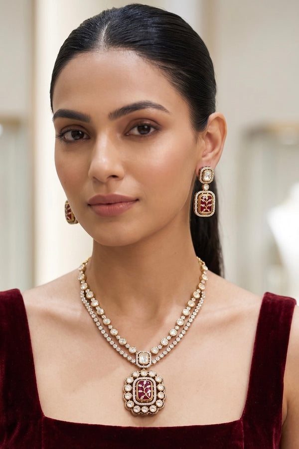 Red Polki Floral Necklace Set