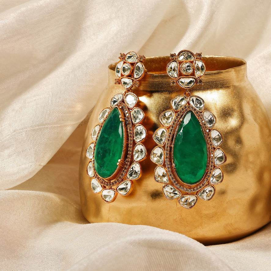 Emerald Teardrop Polki Statement Earrings