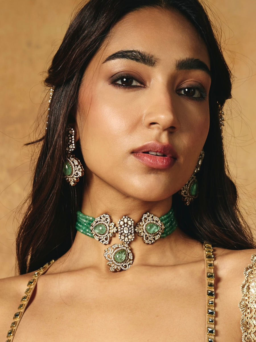 Aqua Stone Beaded Polki Choker Set