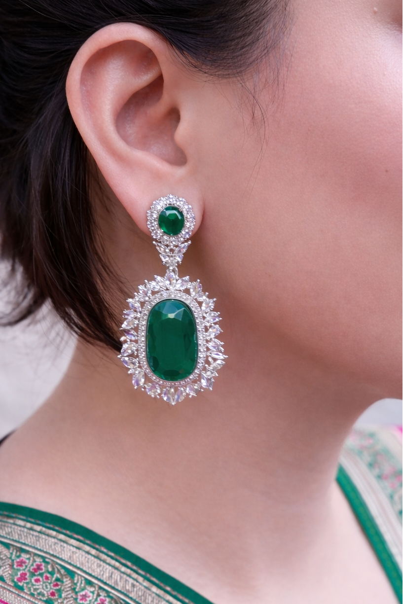 Emerald Zircon Halo Drop Earrings