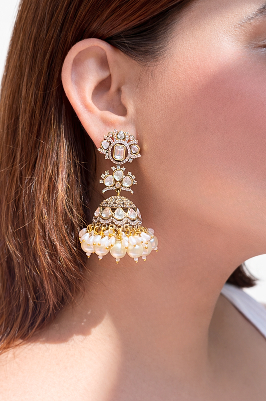 Pearl Polki Jhumkis with Zircon Accents