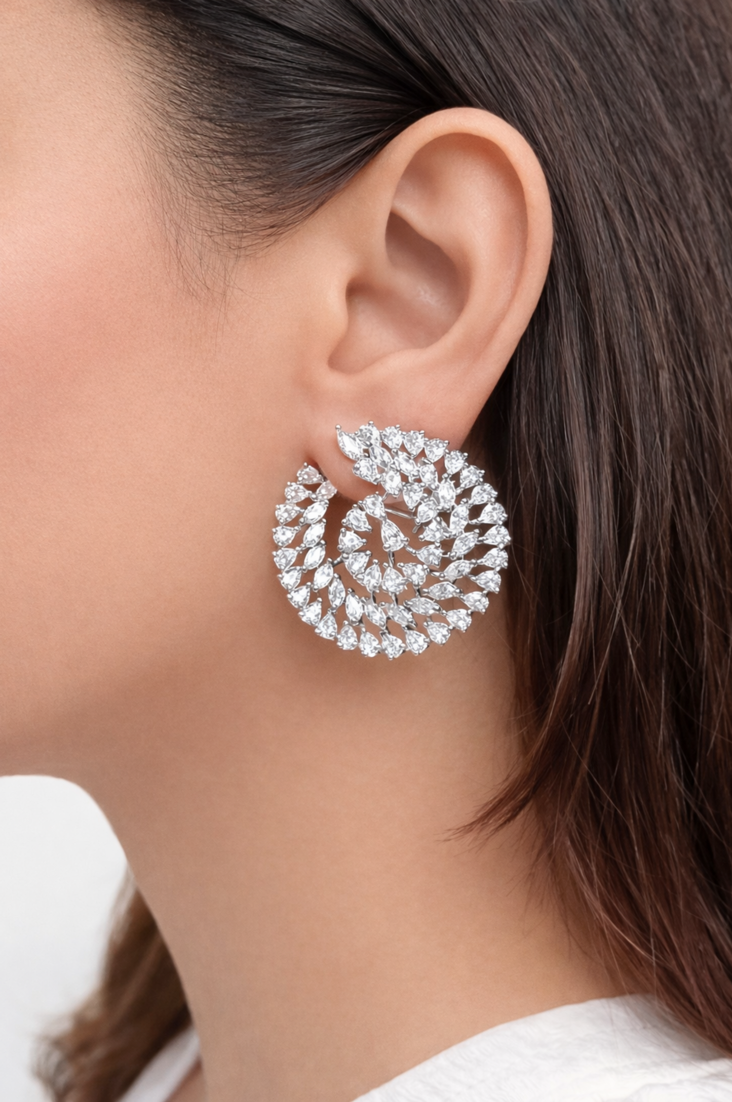 Spiral Bloom White Zircon Earrings