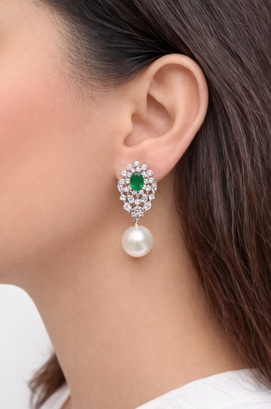 Emerald Pearl Drop Zircon Earrings
