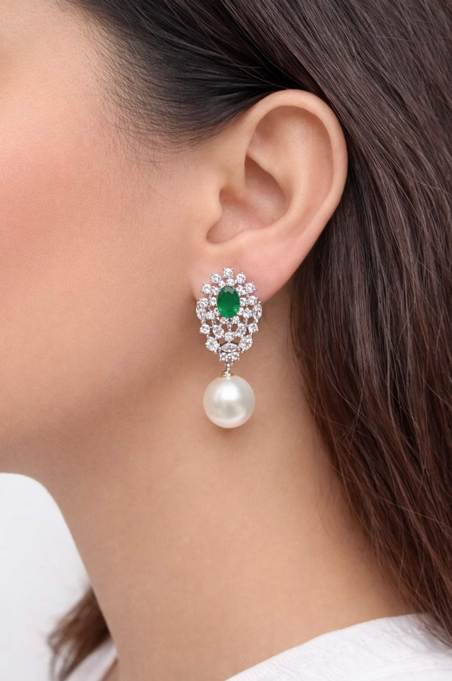 Emerald Pearl Drop Zircon Earrings