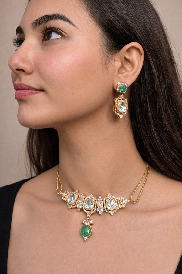 Emerald Drop Polki Necklace Set